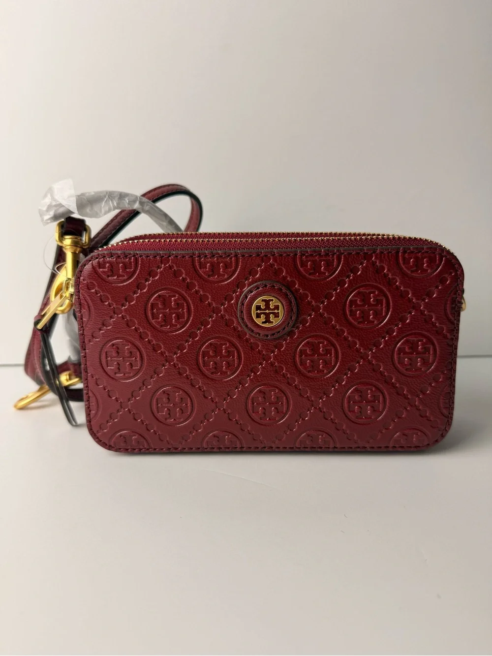 Tory Burch T Monogram Leather Double-Zip Mini Bag Juneberry Red Gold Hardware